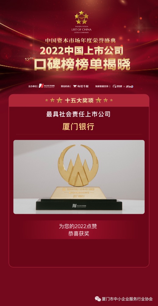 喜報 | 祝賀我會副會長單位廈門銀行榮獲“最具社會責任上市公司”